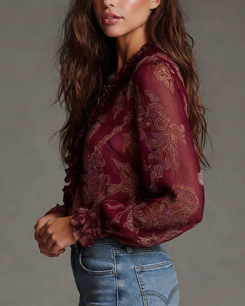 Printed V-Neck Ruffle Blouse for Women