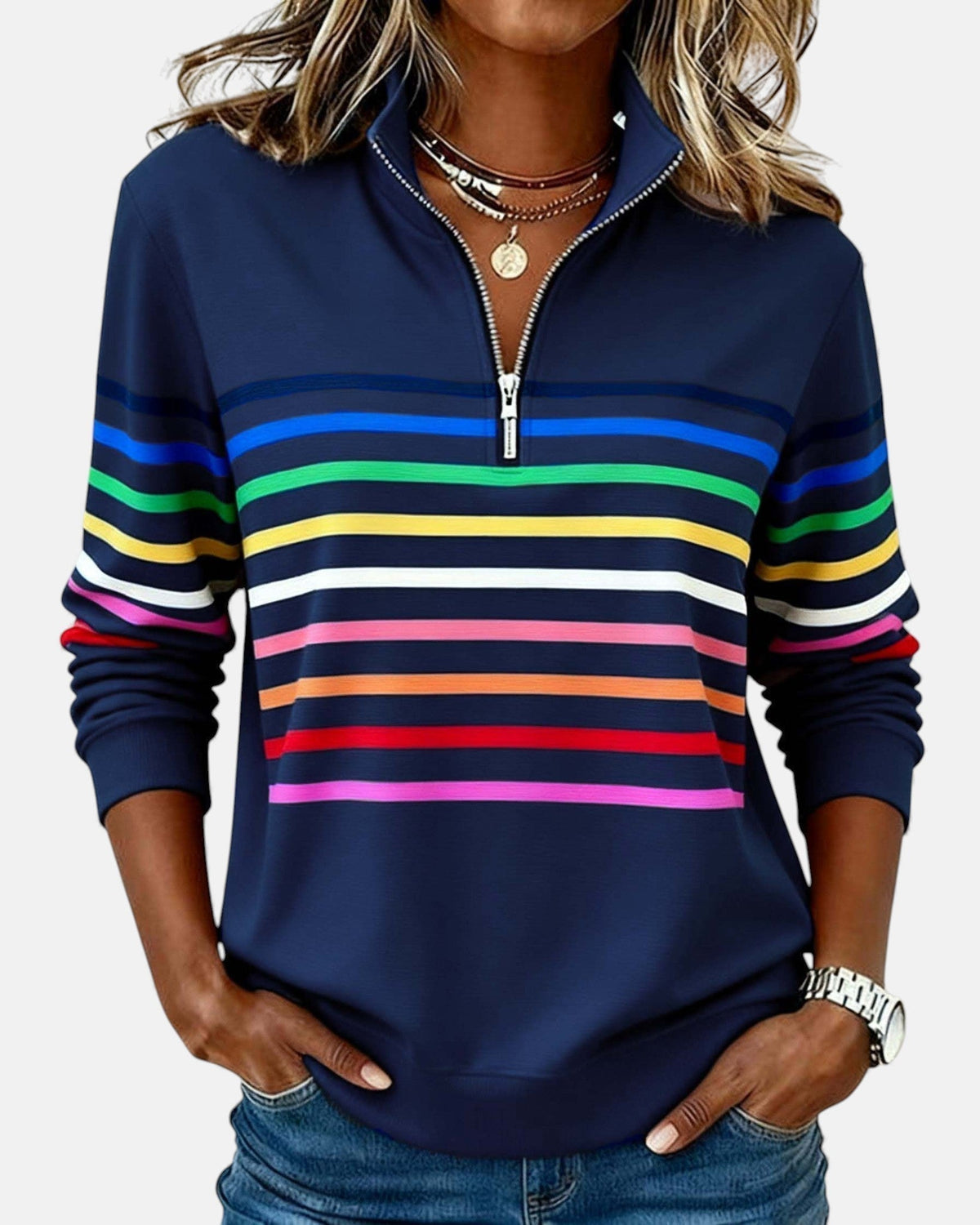 Striped Zip Collar Pullover for Women