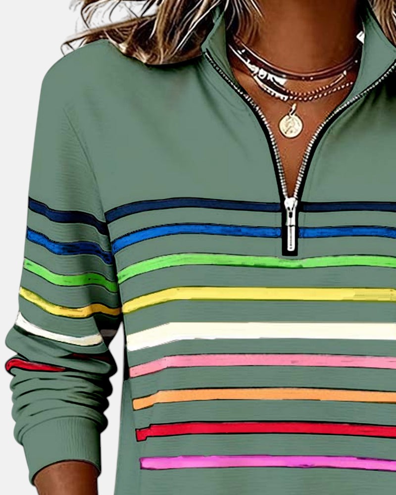 Striped Zip Collar Pullover for Women