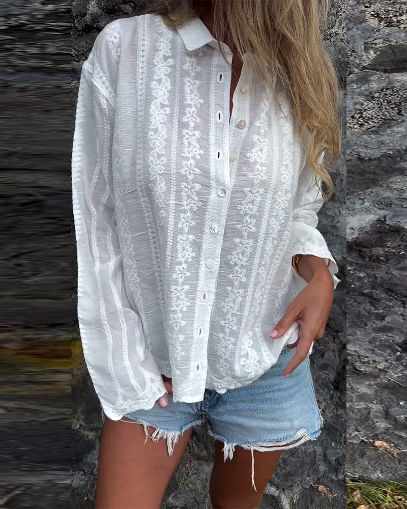 Embroidered Collar Long Sleeve Shirt for Women