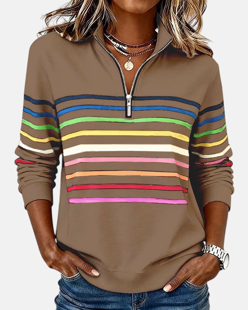 Striped Zip Collar Pullover for Women