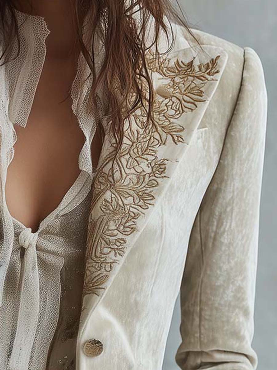 Ivory Floral Embroidered Blazer for Women