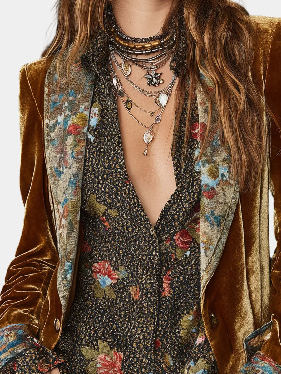 Floral Velvet Patchwork Coat For Women