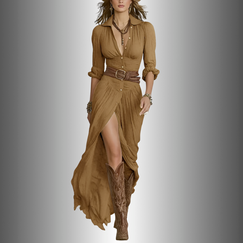 Belted Button-Front Maxi Gown