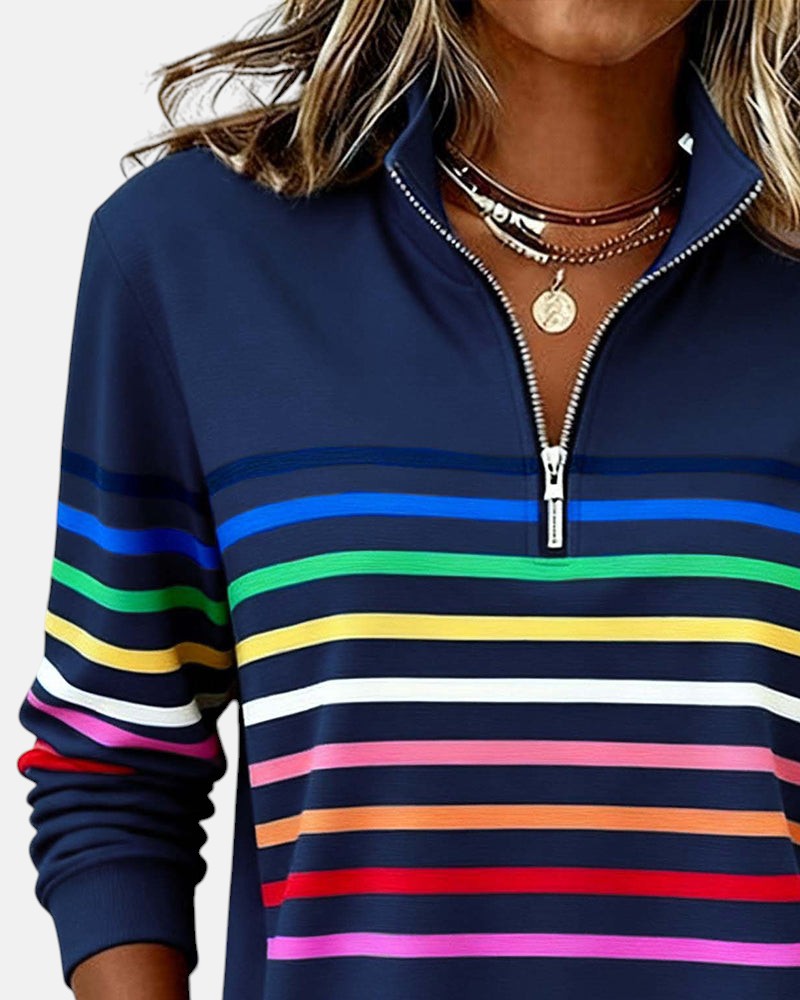 Striped Zip Collar Pullover for Women
