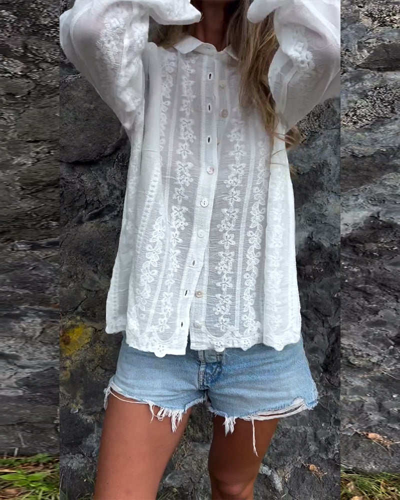 Embroidered Collar Long Sleeve Shirt for Women
