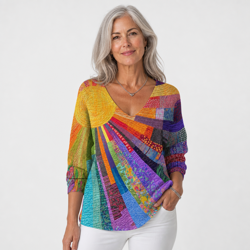 Patterned Long Sleeve V-Neck Pullover for Women - AI-generated main product image